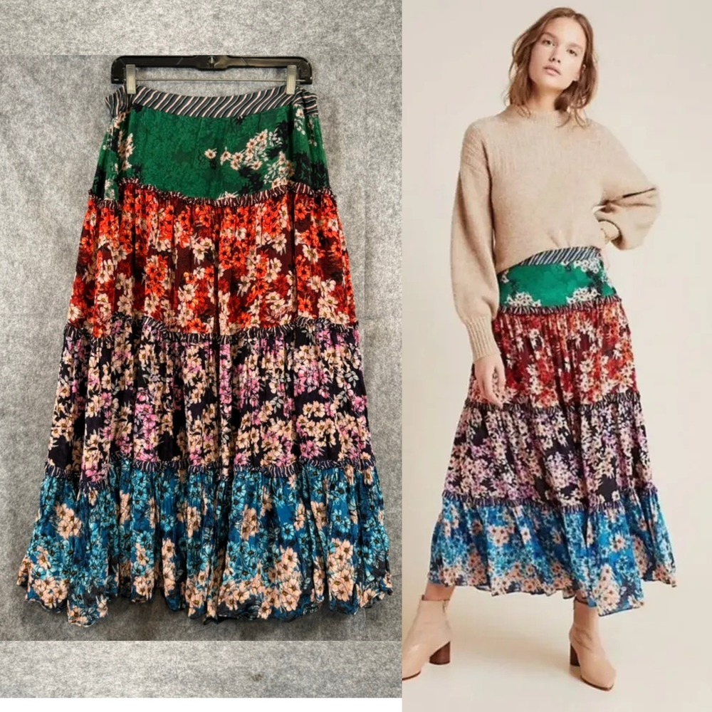 Bhanuni by Jyoti Anthropologie Skirt Sz 14 Patchwork Boho Tiered Maxi Peasant